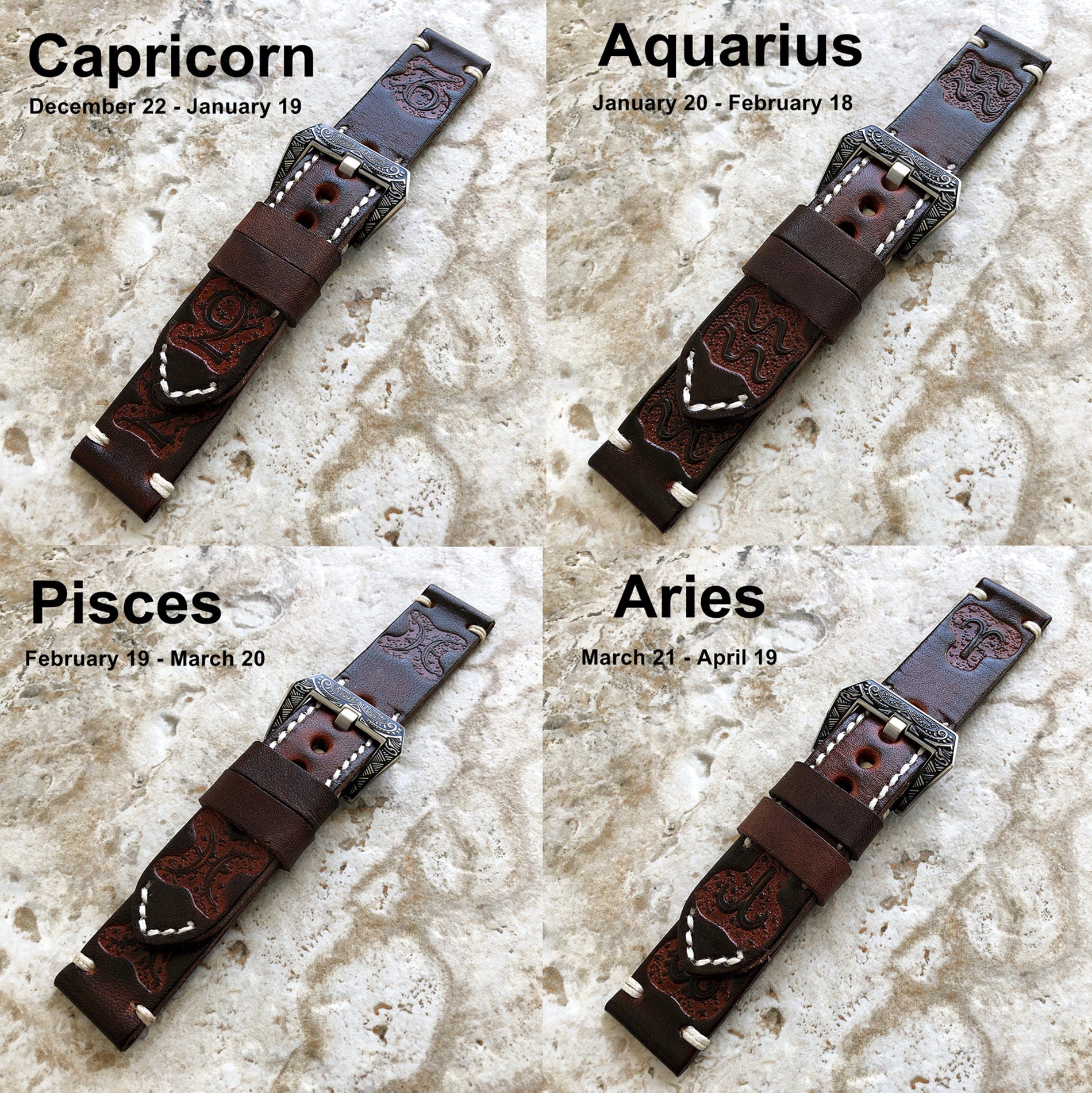 New Zodiac Sign Band 22mm 24mm 25mm Embossed Tooled Leather Handmade Strap Compatible with Apple Watch Fitbit Versa 2 3 4 Sense 2 Ionic